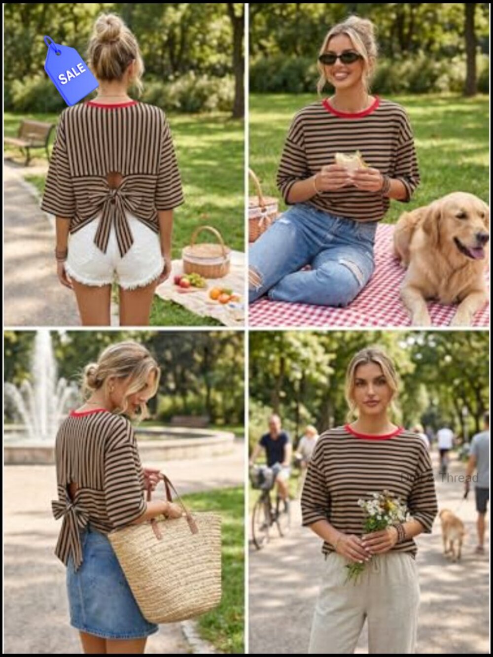 Striped Tie Back Short Sleeve T-Shirt Women Casual Loose Crewneck Summer Top - Picture 6 of 7
